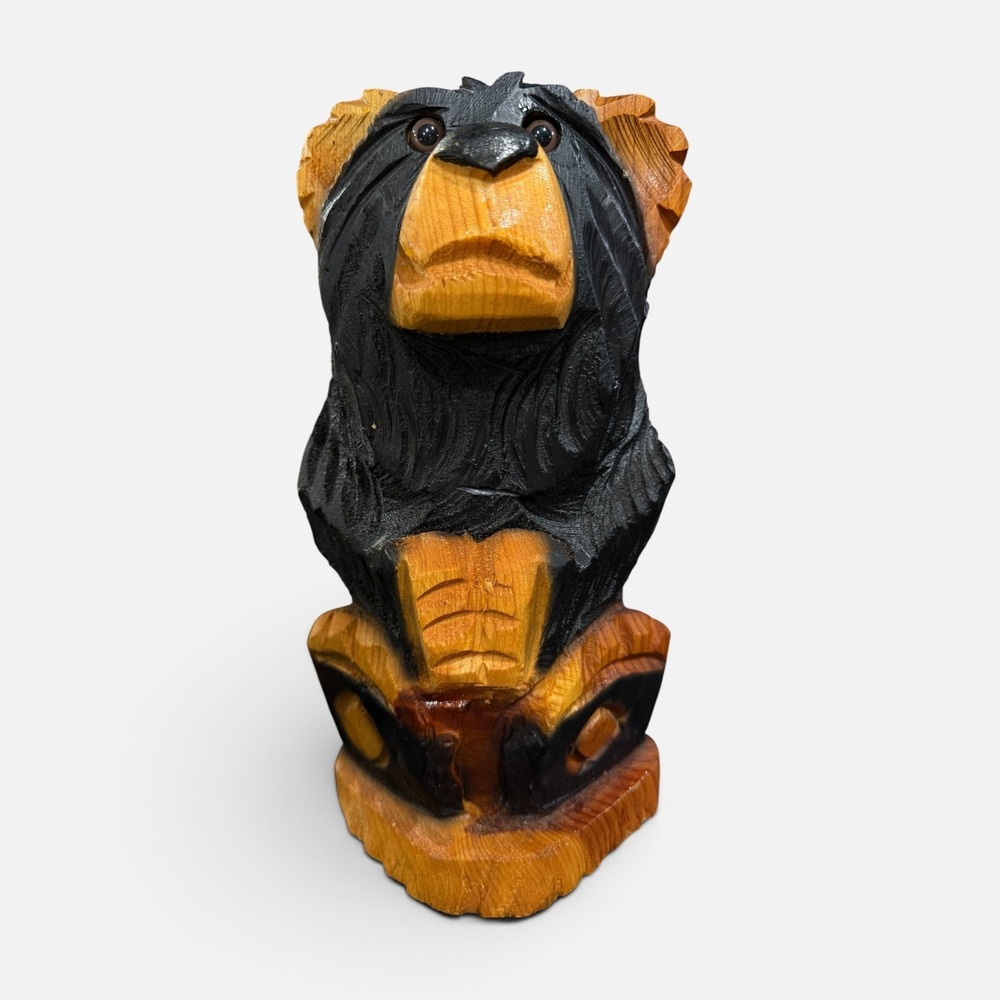 Hand Carved Wood Black Bear 11" Folk Art Sculpture Rustic Cabin Lodge Decor